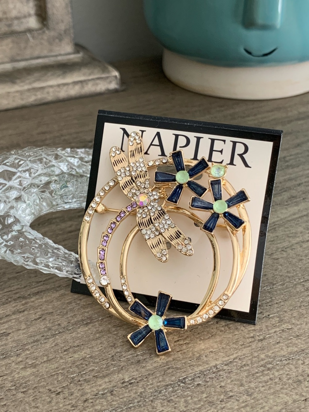 #66 Napier Dragonfly Flowers Figural Gold Tone Crystal Statement Brooch Pin New